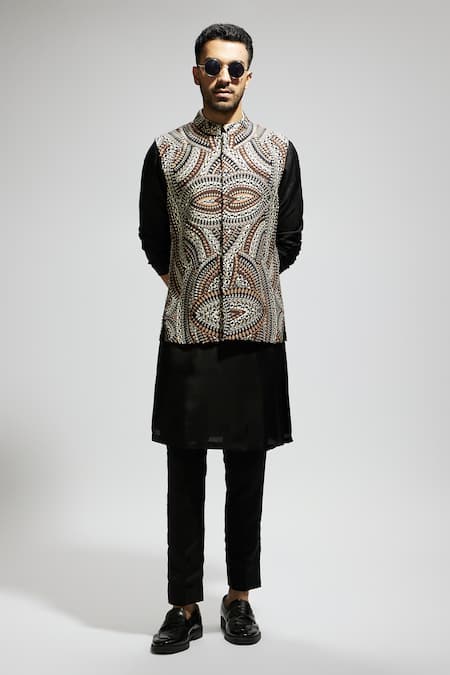 Shop_Sva By Sonam & Paras Modi_Black Silk, Crepe Sequins, Cut Work Zentangle Print Bundi Kurta Set_Online_at_Aza_Fashions