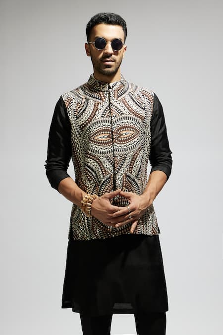 Sva By Sonam & Paras Modi_Black Silk, Crepe Sequins, Cut Work Zentangle Print Bundi Kurta Set_at_Aza_Fashions