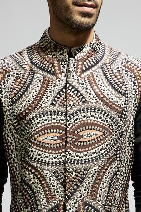 Buy_Sva By Sonam & Paras Modi_Black Silk, Crepe Sequins, Cut Work Zentangle Print Bundi Kurta Set