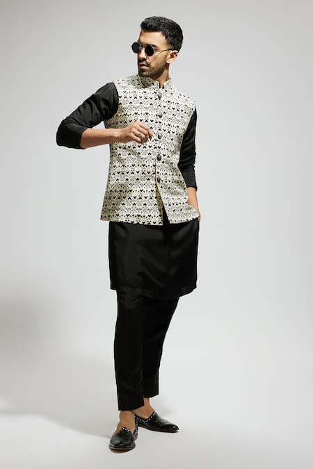 Buy_Sva By Sonam & Paras Modi_White Silk, Crepe Geometric Print Bundi Kurta Set_Online_at_Aza_Fashions