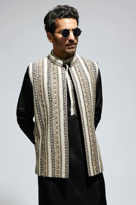 Buy_Sva By Sonam & Paras Modi_Black Silk Sequins, Cut Work Patchwork Embroidered Bundi Set_Online_at_Aza_Fashions