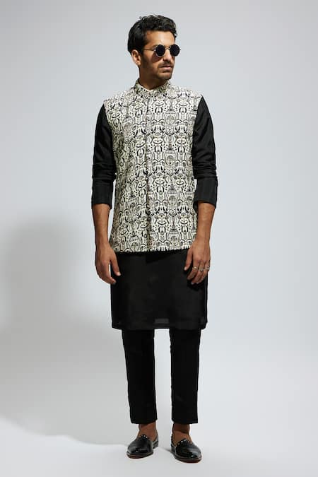 Buy_Sva By Sonam & Paras Modi_White Silk Cut Work, Sequins Embellished Foliage Print Bundi Kurta Set_Online_at_Aza_Fashions