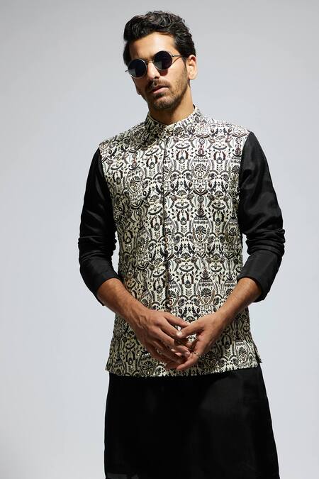 Shop_Sva By Sonam & Paras Modi_White Silk Cut Work, Sequins Embellished Foliage Print Bundi Kurta Set_Online_at_Aza_Fashions