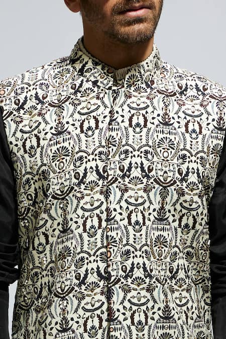 Sva By Sonam & Paras Modi_White Silk Cut Work, Sequins Embellished Foliage Print Bundi Kurta Set_at_Aza_Fashions