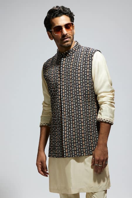 Shop_Sva By Sonam & Paras Modi_Black Silk Sequins, Cut Work Boho Geometric Bundi Kurta Set_Online_at_Aza_Fashions