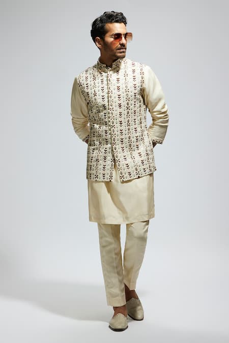 Sva By Sonam & Paras Modi_White Silk Sequins, Cut Work Geometric Embroidered Bundi Kurta Set_at_Aza_Fashions