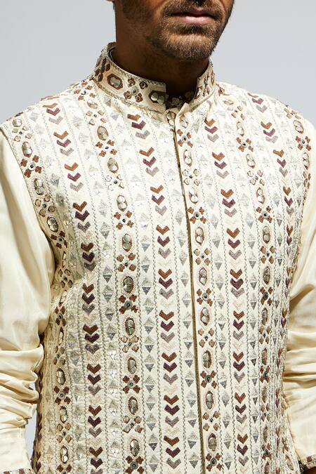 Shop_Sva By Sonam & Paras Modi_White Silk Sequins, Cut Work Geometric Embroidered Bundi Kurta Set