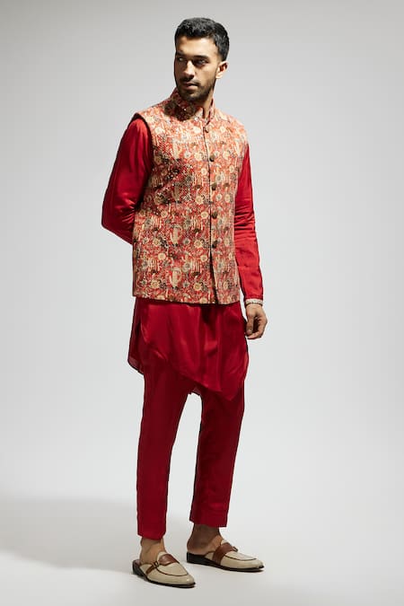 Buy_Sva By Sonam & Paras Modi_Orange Silk Sequins, Embroidery Botanic Patterned Bundi Kurta Set_Online_at_Aza_Fashions