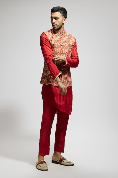 Shop_Sva By Sonam & Paras Modi_Orange Silk Sequins, Embroidery Botanic Patterned Bundi Kurta Set_Online_at_Aza_Fashions