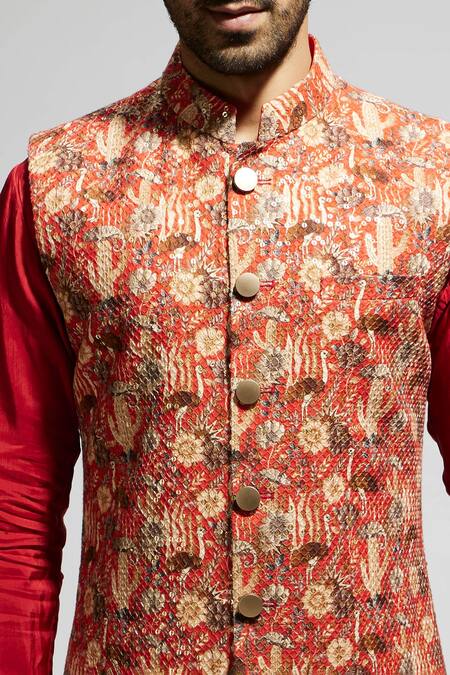 Sva By Sonam & Paras Modi_Orange Silk Sequins, Embroidery Botanic Patterned Bundi Kurta Set_at_Aza_Fashions