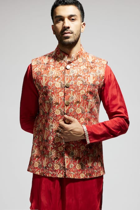 Buy_Sva By Sonam & Paras Modi_Orange Silk Sequins, Embroidery Botanic Patterned Bundi Kurta Set