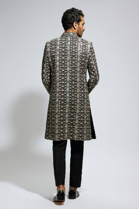 Sva By Sonam & Paras Modi Black Silk Geometric Embroidered Sherwani & Pant 