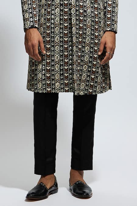Sva By Sonam & Paras Modi_Black Silk Cut Work, Sequins, Embroidery Geometric Sherwani And Pant_Online_at_Aza_Fashions