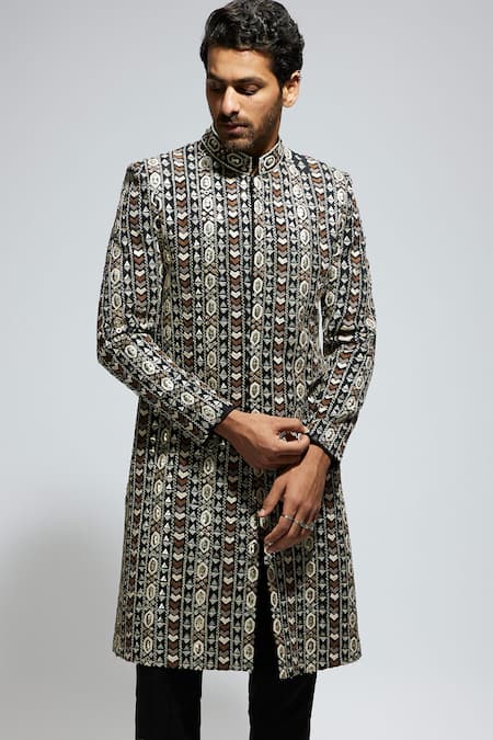 Buy_Sva By Sonam & Paras Modi_Black Silk Cut Work, Sequins, Embroidery Geometric Sherwani And Pant_Online_at_Aza_Fashions