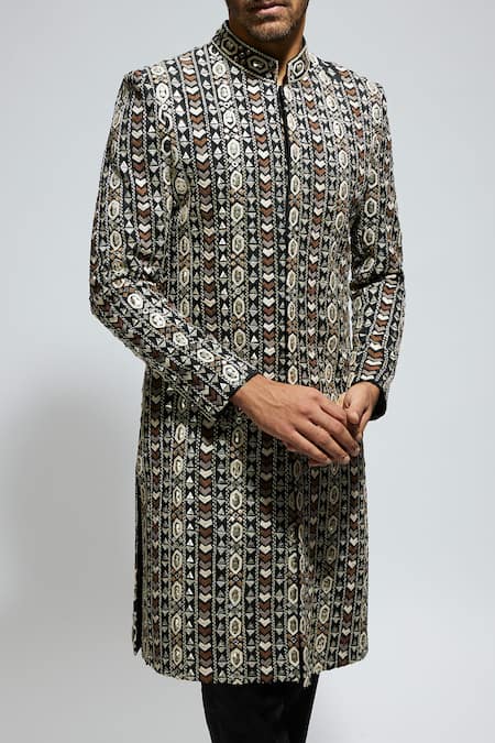 Sva By Sonam & Paras Modi_Black Silk Cut Work, Sequins, Embroidery Geometric Sherwani And Pant_at_Aza_Fashions
