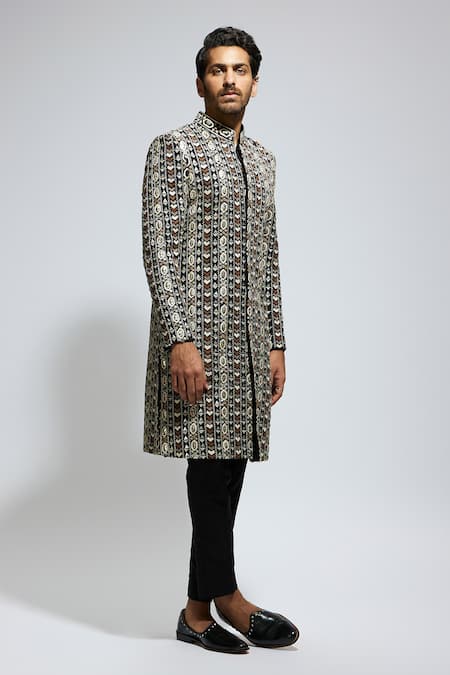 Buy_Sva By Sonam & Paras Modi_Black Silk Cut Work, Sequins, Embroidery Geometric Sherwani And Pant