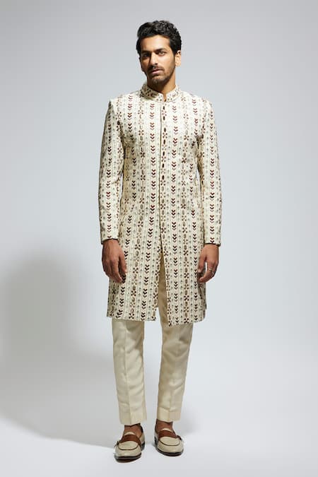 Sva By Sonam & Paras Modi_Off White Silk Cut Work, Sequins, Embroidery Geometric Sherwani With Pant_Online_at_Aza_Fashions
