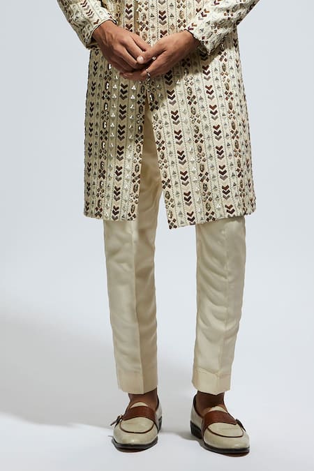 Buy_Sva By Sonam & Paras Modi_Off White Silk Cut Work, Sequins, Embroidery Geometric Sherwani With Pant_Online_at_Aza_Fashions