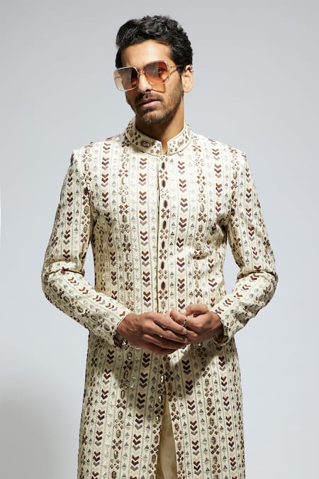 Shop_Sva By Sonam & Paras Modi_Off White Silk Cut Work, Sequins, Embroidery Geometric Sherwani With Pant_Online_at_Aza_Fashions
