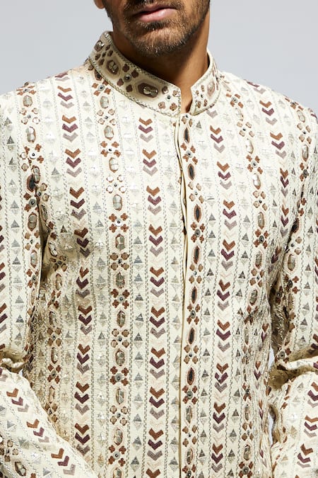 Sva By Sonam & Paras Modi_Off White Silk Cut Work, Sequins, Embroidery Geometric Sherwani With Pant_at_Aza_Fashions