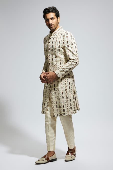 Buy_Sva By Sonam & Paras Modi_Off White Silk Cut Work, Sequins, Embroidery Geometric Sherwani With Pant