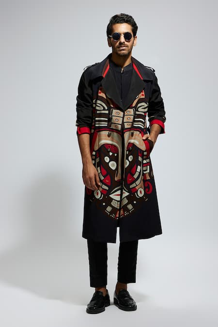 SVA by Sonam & Paras Modi Black Silk Tribal Mask Print Trench Coat 