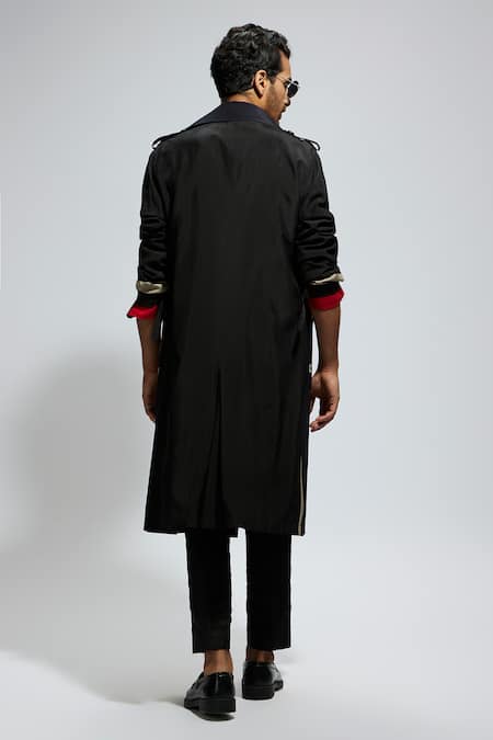 Shop Sva By Sonam & Paras Modi Black Silk Tribal Mask Print Trench Coat at Aza Fashions Shop_Sva By Sonam & Paras Modi_Black Silk Tribal Mask Print Trench Coat_at_Aza_Fashions