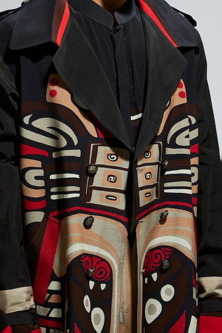 Sva By Sonam & Paras Modi Black Silk Tribal Mask Print Trench Coat Online at Aza Fashions Sva By Sonam & Paras Modi_Black Silk Tribal Mask Print Trench Coat_Online_at_Aza_Fashions