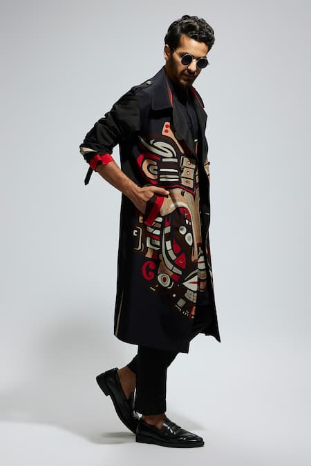 Buy Sva By Sonam & Paras Modi Black Silk Tribal Mask Print Trench Coat Online at Aza Fashions Buy_Sva By Sonam & Paras Modi_Black Silk Tribal Mask Print Trench Coat_Online_at_Aza_Fashions