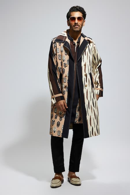 Sva By Sonam & Paras Modi_Black Silk Tribal Patterned Colour Block Trench Coat_Online_at_Aza_Fashions