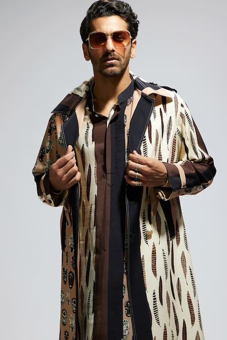 Buy_Sva By Sonam & Paras Modi_Black Silk Tribal Patterned Colour Block Trench Coat_Online_at_Aza_Fashions