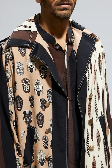 Sva By Sonam & Paras Modi_Black Silk Tribal Patterned Colour Block Trench Coat_at_Aza_Fashions