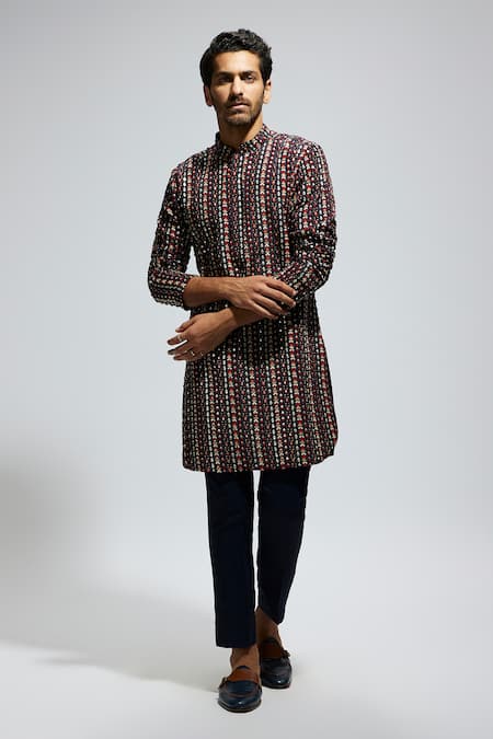 Buy_Sva By Sonam & Paras Modi_Brown Crepe Cut Work, Sequins, Stones, Embroidery Geometric Kurta Set_Online_at_Aza_Fashions