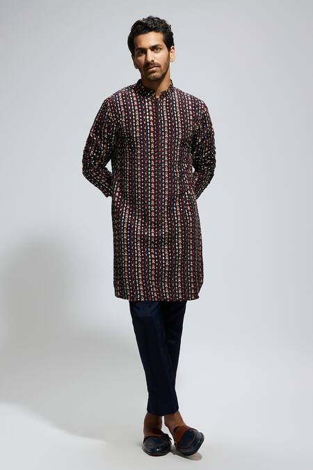 Shop_Sva By Sonam & Paras Modi_Brown Crepe Cut Work, Sequins, Stones, Embroidery Geometric Kurta Set_Online_at_Aza_Fashions