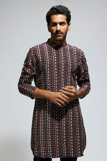 Buy_Sva By Sonam & Paras Modi_Brown Crepe Cut Work, Sequins, Stones, Embroidery Geometric Kurta Set