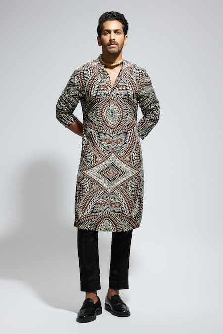 Sva By Sonam & Paras Modi_Brown Crepe Embroidery, Sequins Zentangle Printed Kurta Set_Online_at_Aza_Fashions