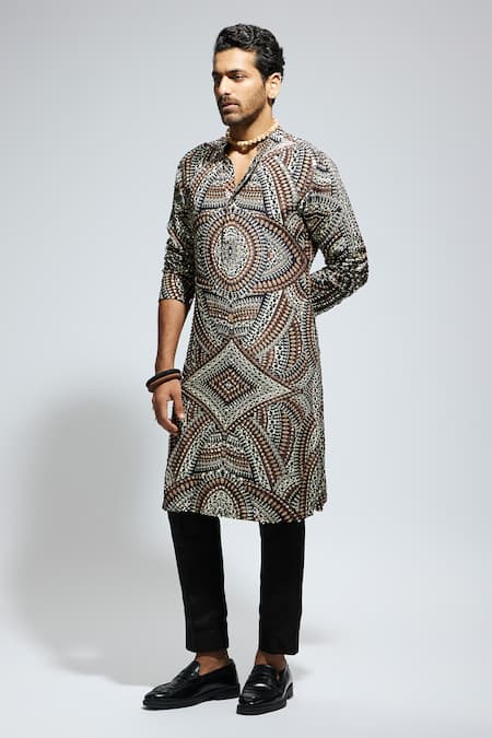 Buy_Sva By Sonam & Paras Modi_Brown Crepe Embroidery, Sequins Zentangle Printed Kurta Set_Online_at_Aza_Fashions