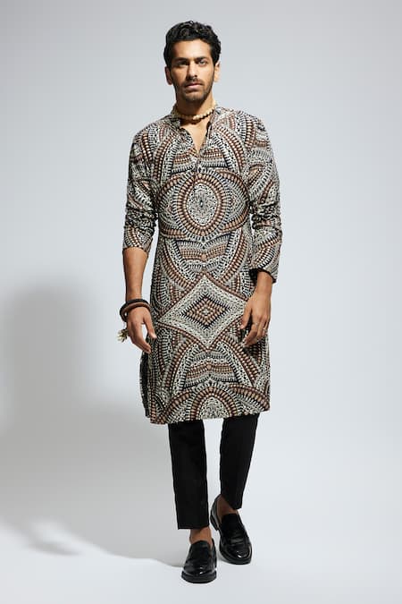 Sva By Sonam & Paras Modi_Brown Crepe Embroidery, Sequins Zentangle Printed Kurta Set_at_Aza_Fashions