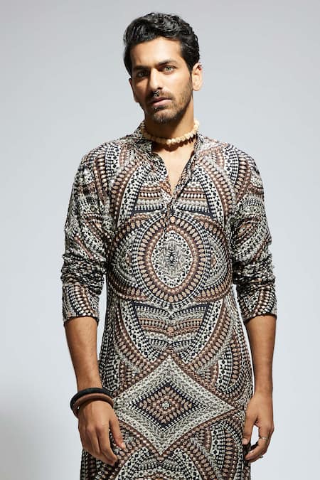Buy_Sva By Sonam & Paras Modi_Brown Crepe Embroidery, Sequins Zentangle Printed Kurta Set