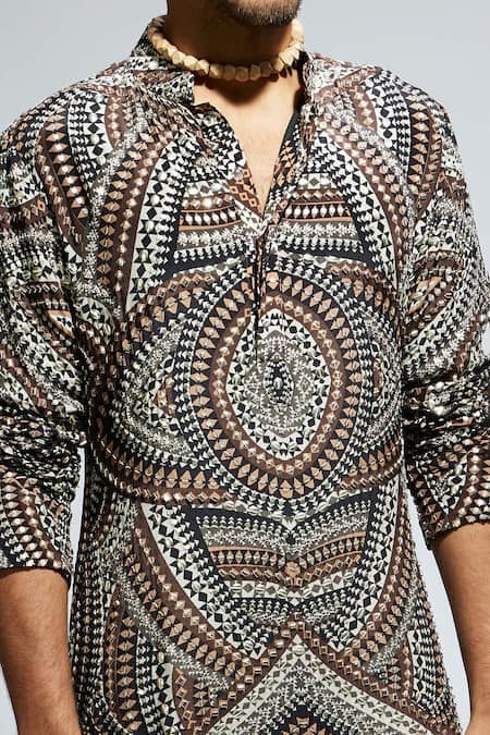 Shop_Sva By Sonam & Paras Modi_Brown Crepe Embroidery, Sequins Zentangle Printed Kurta Set