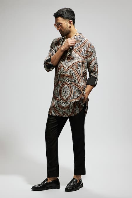 Sva By Sonam & Paras Modi Brown Crepe Zari Zentangle Print Kurta Set Online at Aza Fashions Sva By Sonam & Paras Modi_Brown Crepe Zari Zentangle Print Kurta Set_Online_at_Aza_Fashions