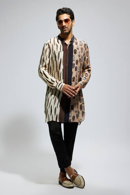 Shop Sva By Sonam & Paras Modi Black Crepe Feathers Mask And Printed Kurta Online at Aza Fashions Shop_Sva By Sonam & Paras Modi_Black Crepe Feathers Mask And Printed Kurta_Online_at_Aza_Fashions