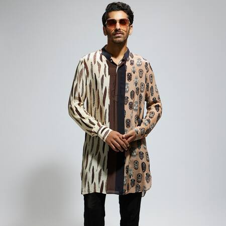 Sva By Sonam & Paras Modi Black Crepe Feathers Mask And Printed Kurta at Aza Fashions Sva By Sonam & Paras Modi_Black Crepe Feathers Mask And Printed Kurta_at_Aza_Fashions