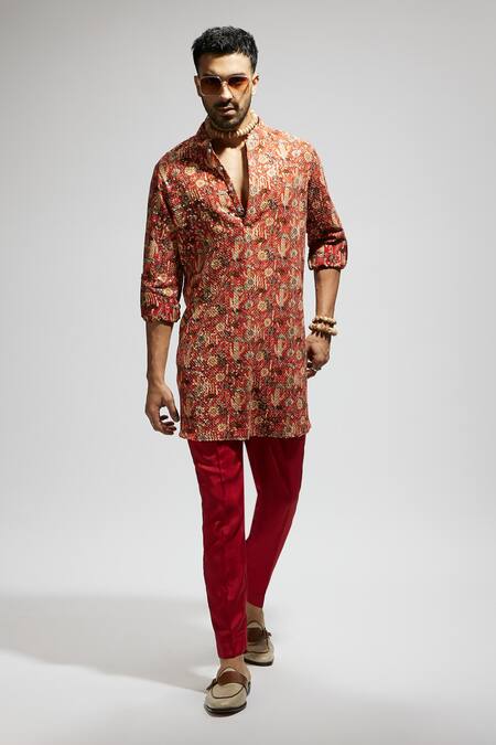 Sva By Sonam & Paras Modi_Orange Crepe Sequins, Embroidery Floral Jaal Kurta_Online_at_Aza_Fashions