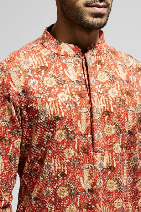 Buy_Sva By Sonam & Paras Modi_Orange Crepe Sequins, Embroidery Floral Jaal Kurta_Online_at_Aza_Fashions
