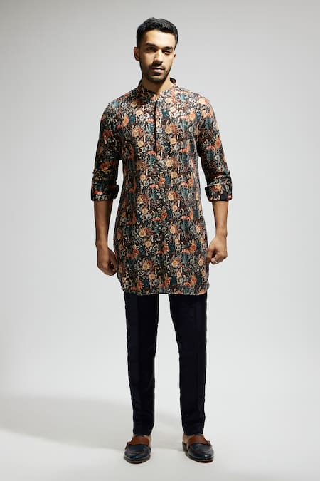 Sva By Sonam & Paras Modi Blue Crepe Sequins, Embroidery Floral Jaal Kurta Online at Aza Fashions Sva By Sonam & Paras Modi_Blue Crepe Sequins, Embroidery Floral Jaal Kurta_Online_at_Aza_Fashions