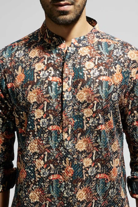 Shop Sva By Sonam & Paras Modi Blue Crepe Sequins, Embroidery Floral Jaal Kurta Shop_Sva By Sonam & Paras Modi_Blue Crepe Sequins, Embroidery Floral Jaal Kurta