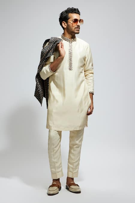 Sva By Sonam & Paras Modi Beige Silk Studs Embellished Kurta Set Online at Aza Fashions Sva By Sonam & Paras Modi_Beige Silk Studs Embellished Kurta Set_Online_at_Aza_Fashions