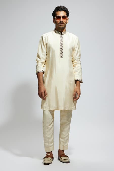Buy Sva By Sonam & Paras Modi Beige Silk Studs Embellished Kurta Set Online at Aza Fashions Buy_Sva By Sonam & Paras Modi_Beige Silk Studs Embellished Kurta Set_Online_at_Aza_Fashions
