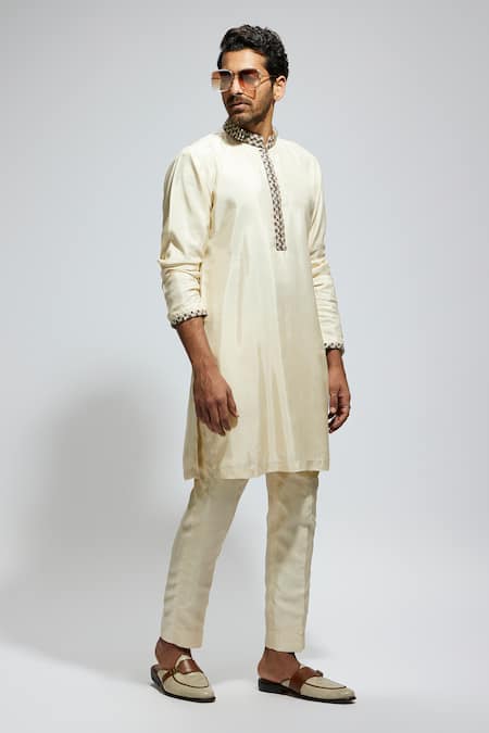 Sva By Sonam & Paras Modi Beige Silk Studs Embellished Kurta Set at Aza Fashions Sva By Sonam & Paras Modi_Beige Silk Studs Embellished Kurta Set_at_Aza_Fashions